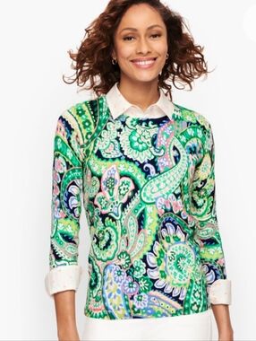 Talbots Lightweight Paisley Sweater | Colorful Floral Print Pullover Size MEDIUM